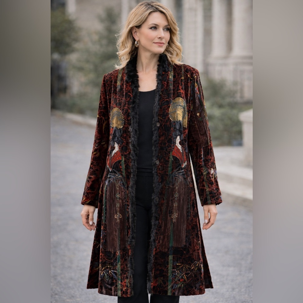 Chico’s Design 90s Velvet Burnout Duster Jacket Asian Print Size 1 - Picture 9 of 9